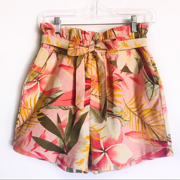 Anthropologie Pants - RD & KOKO Ruffle Top Tropical Floral Linen Shorts Pink